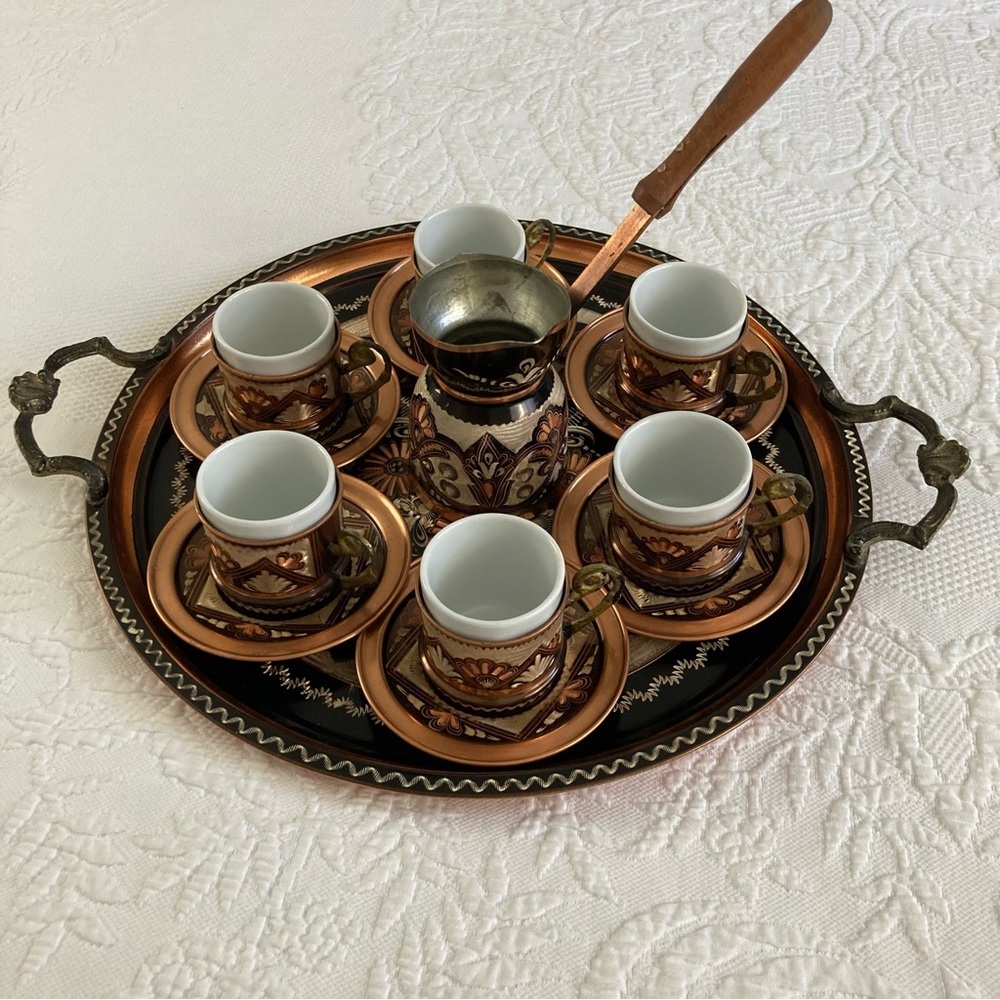 Turkish copper coffee set tray handmade etched artisan cups & saucers vintage